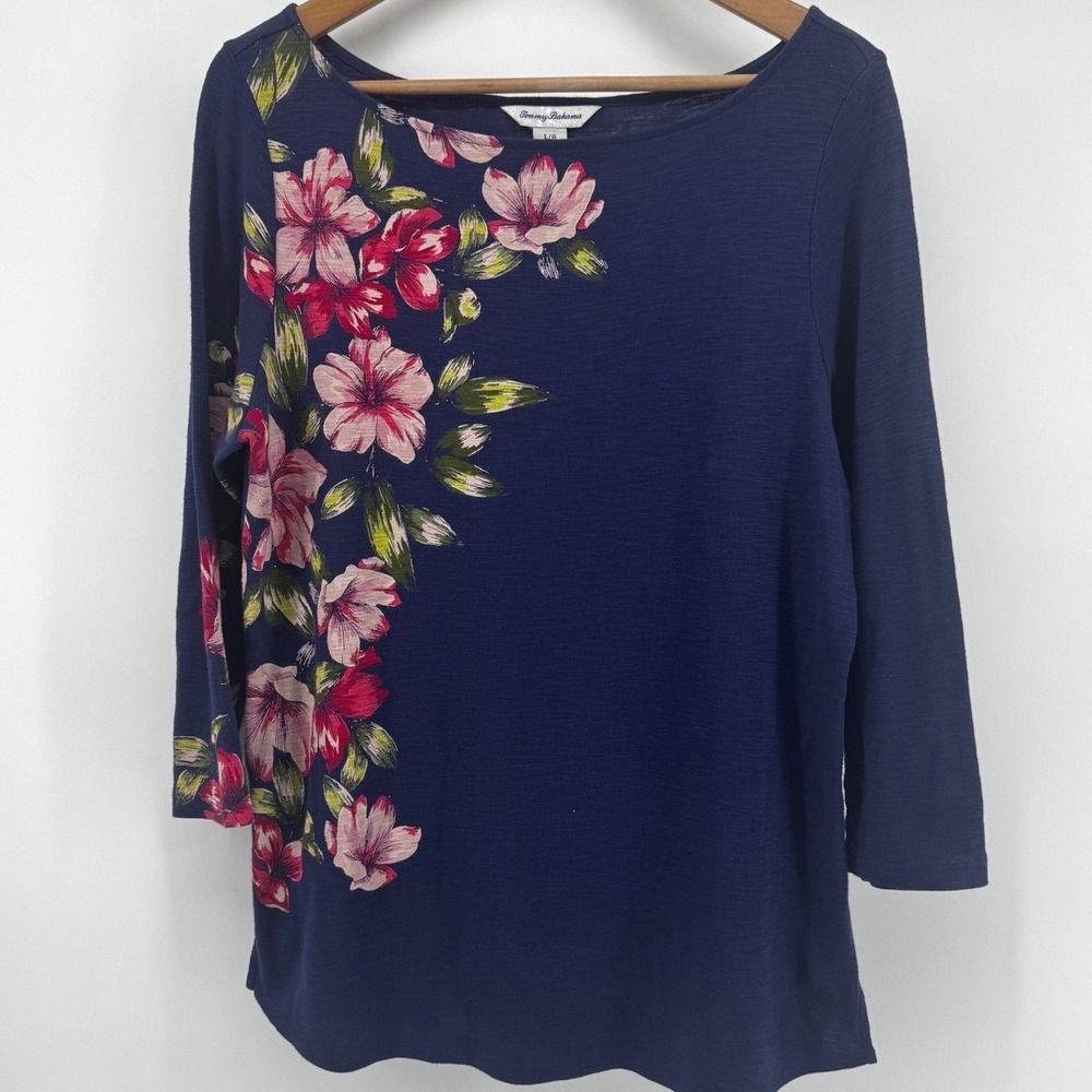 Tommy Bahama Womens Large Navy Blue Floral 3/4 Sleeve Slub Knit Boat Neck Top